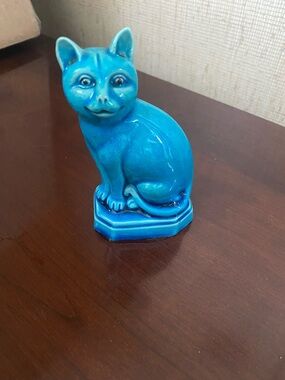Vintage 5” Turquoise Porcelain Ceramic Cat Figurine